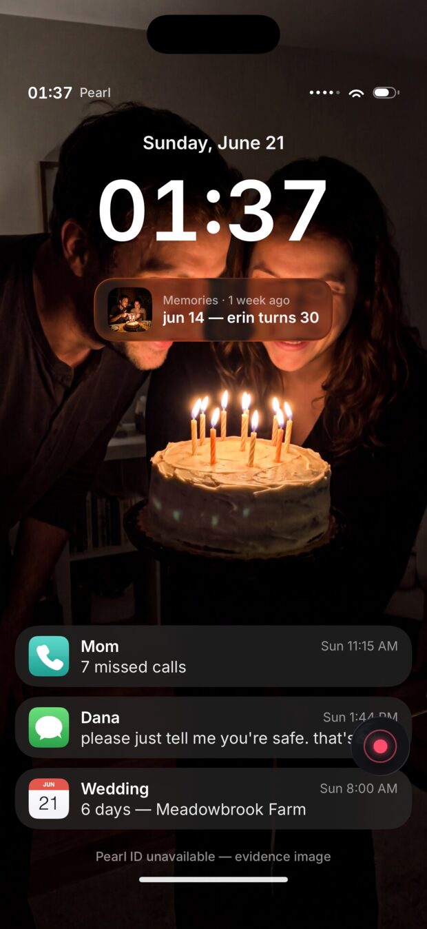 A locked iPhone: a birthday photo, notifications from a worried mom and a friend named Dana, and a calendar event — a wedding in six days.